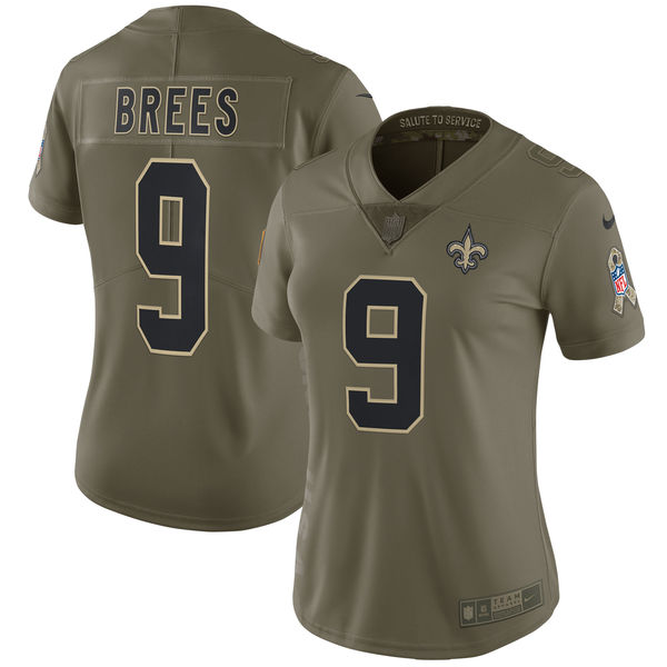 Women New Orleans Saints #9 Brees Nike Olive Salute To Service Limited NFL Jerseys->->Women Jersey